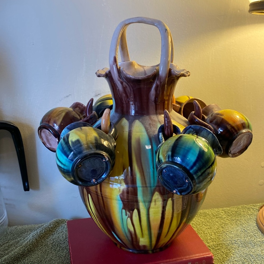 Vintage Mexican Handmade Dripware Glazed Pottery Sangria Vessel 6 Cups On Hooks
